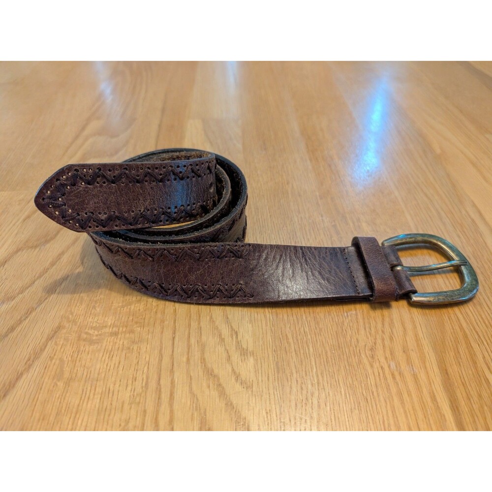 Mens Brown Leather Belt Mixit Penney's Lacing Detail Brass Tone Buckle Sz 34"